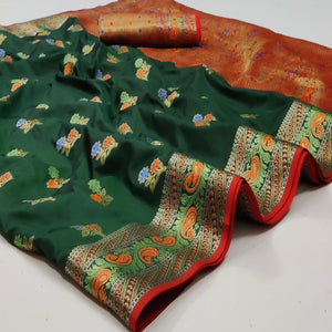 Bottle Green Festive Wear Floral Woven Soft Silk Saree With Jacquard Border