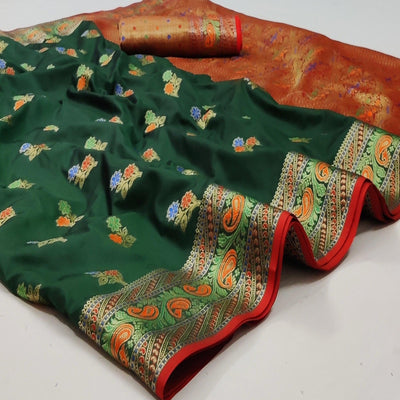 Bottle Green Festive Wear Floral Woven Soft Silk Saree With Jacquard Border