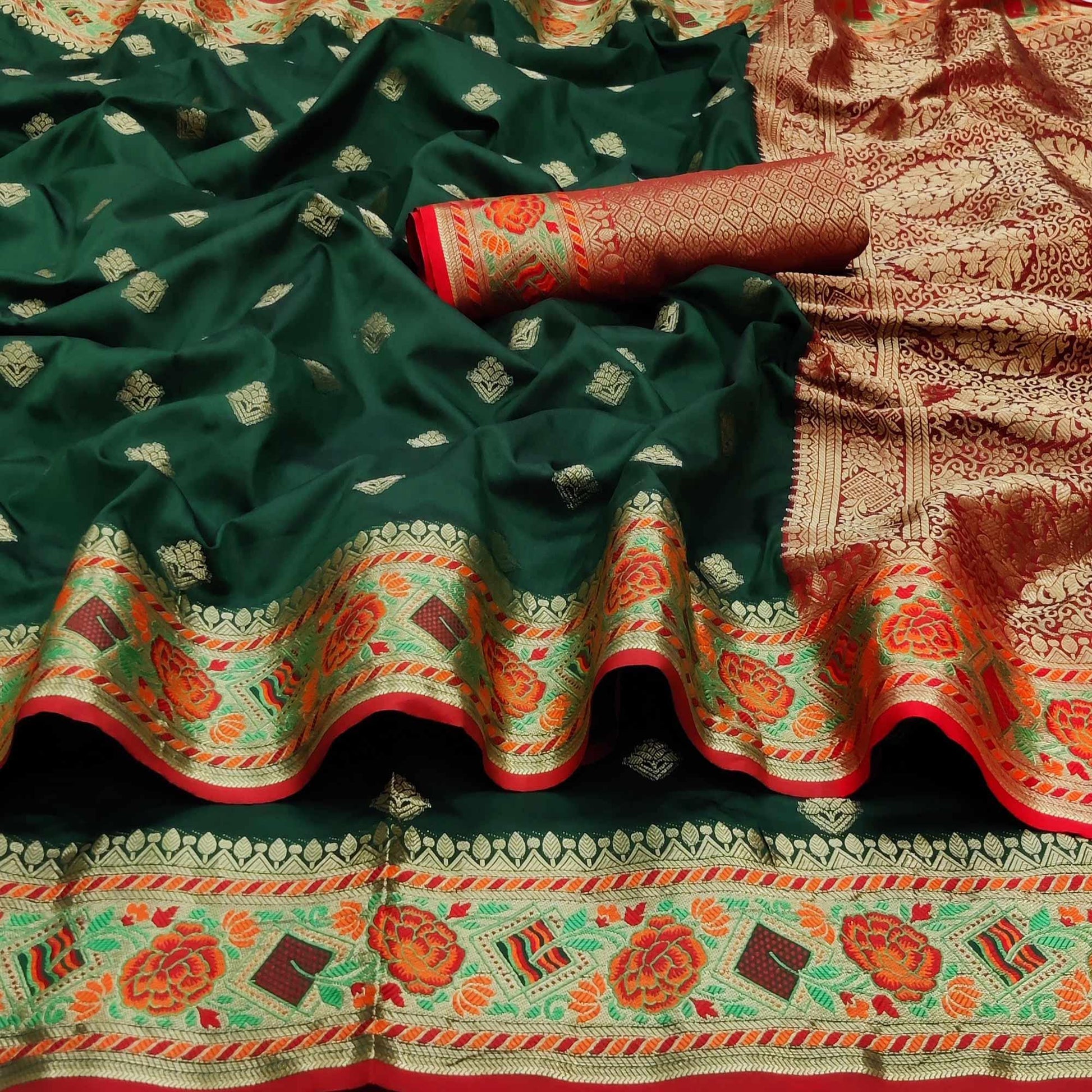 Bottle Green Festive Wear Floral Woven Soft Silk Saree With Jacquard Border