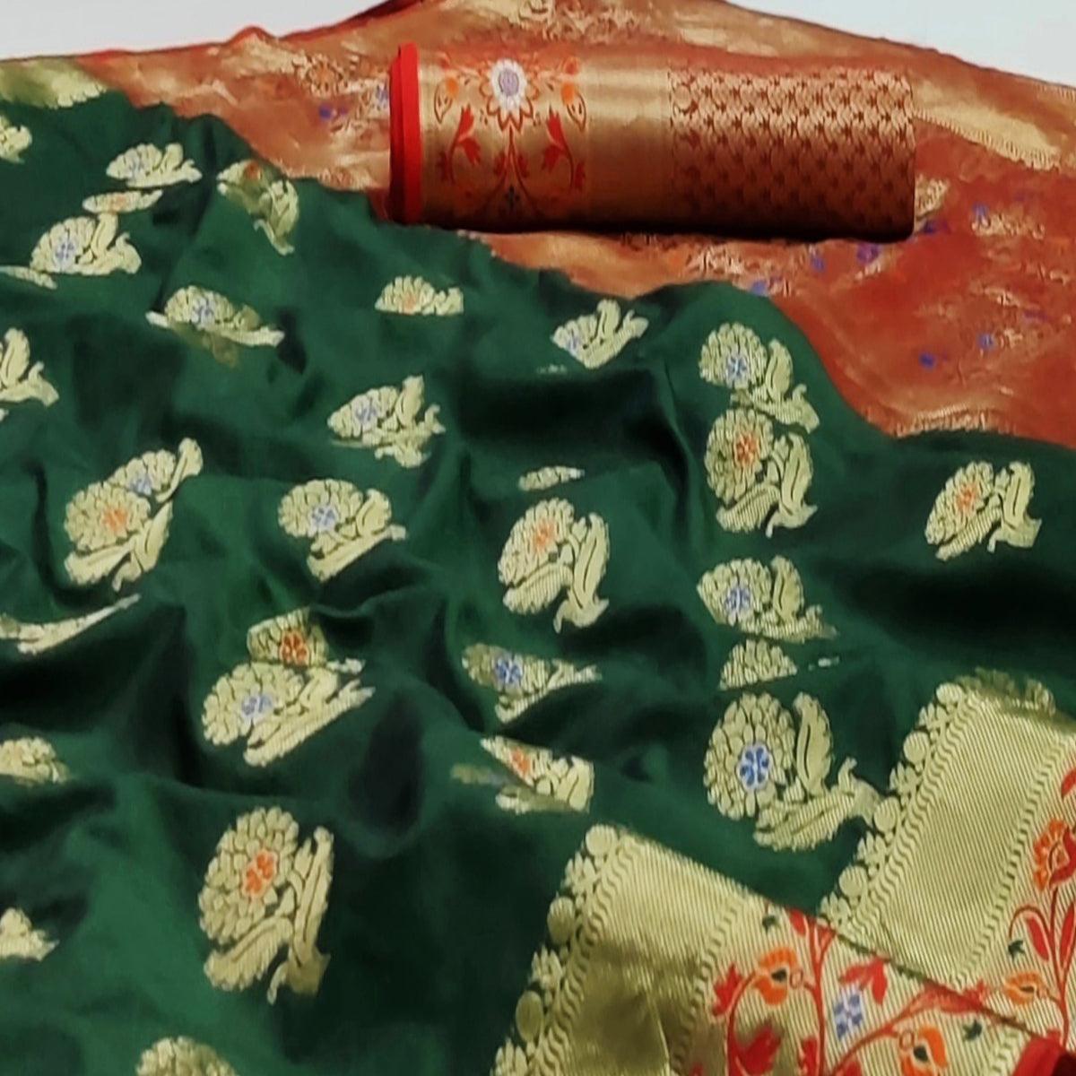 Bottle Green Festive Wear Floral Woven Soft Silk Saree With Jacquard Border