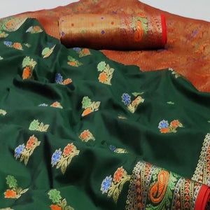 Bottle Green Festive Wear Floral Woven Soft Silk Saree With Jacquard Border