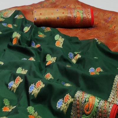 Bottle Green Festive Wear Floral Woven Soft Silk Saree With Jacquard Border
