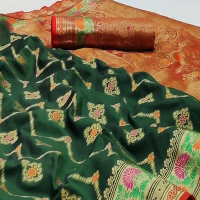 Bottle Green Festive Wear Floral Woven Soft Silk Saree With Jacquard Border