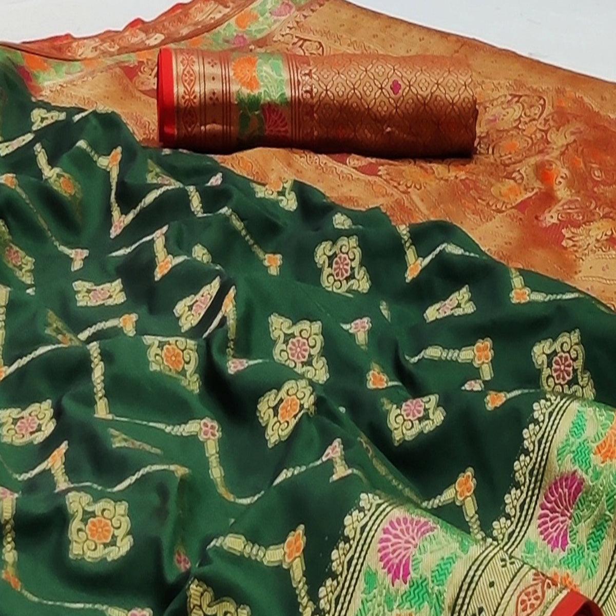 Bottle Green Festive Wear Floral Woven Soft Silk Saree With Jacquard Border