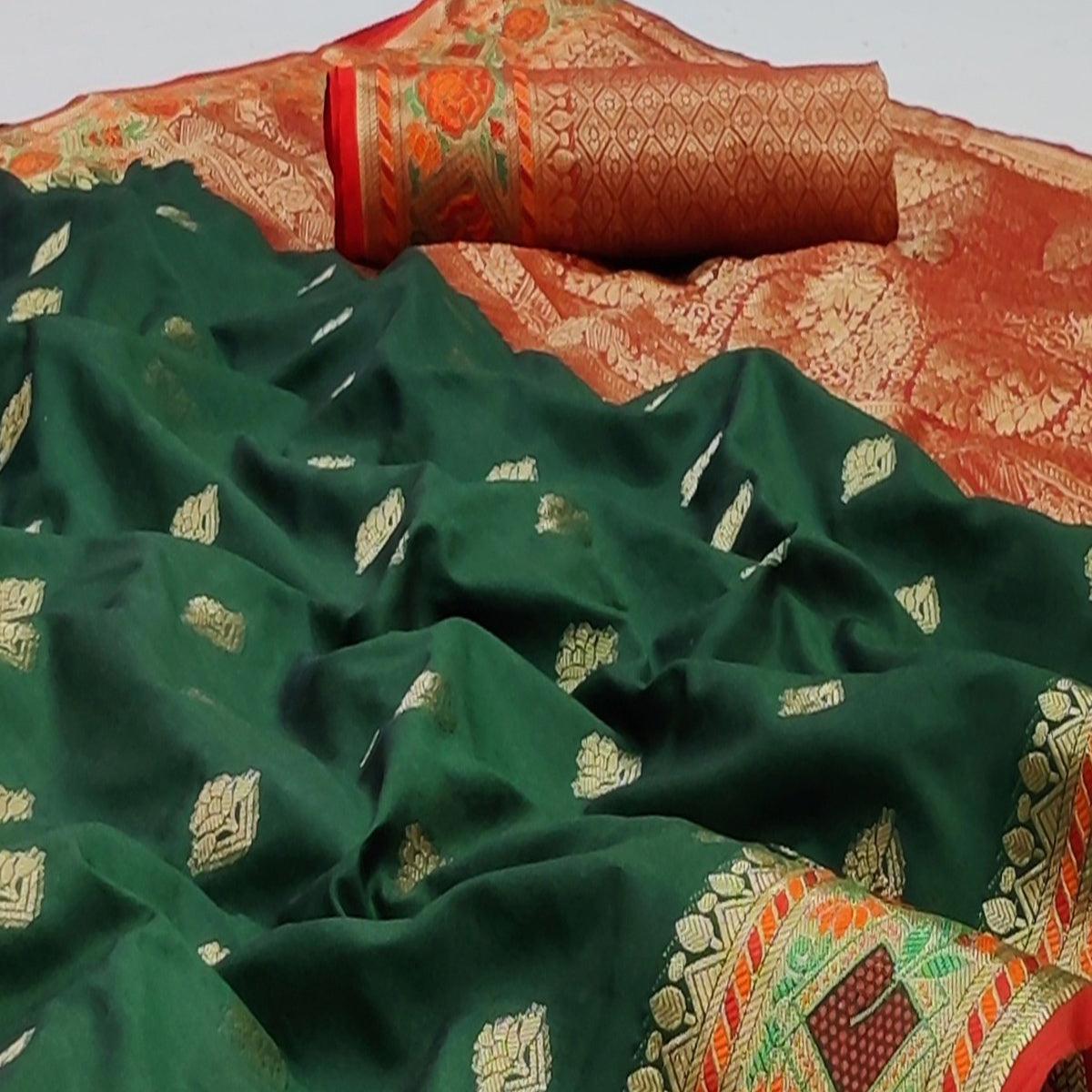 Bottle Green Festive Wear Floral Woven Soft Silk Saree With Jacquard Border