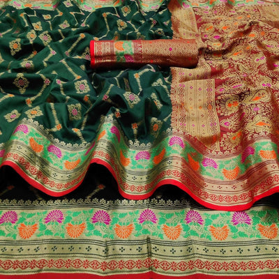 Bottle Green Festive Wear Floral Woven Soft Silk Saree With Jacquard Border