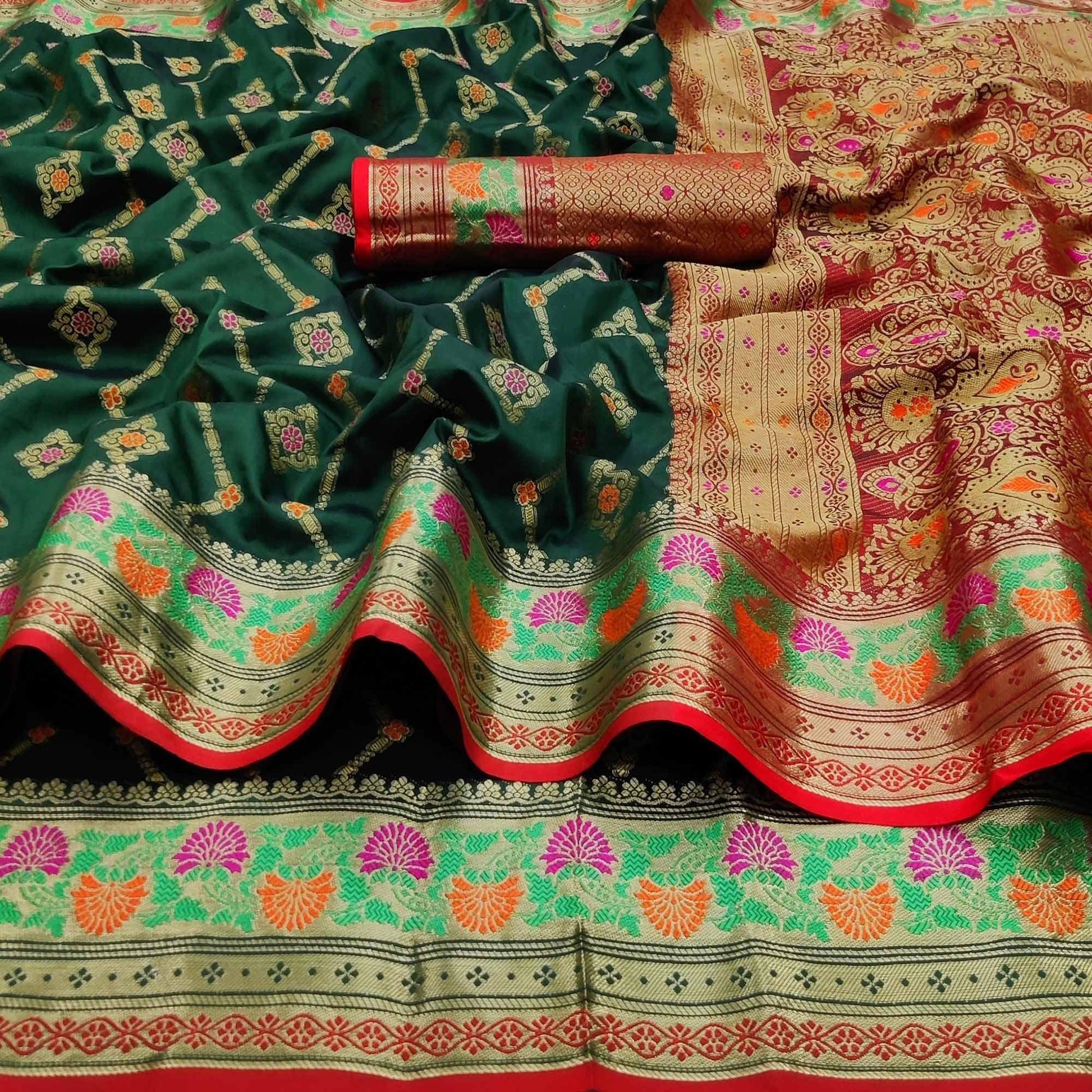 Bottle Green Festive Wear Floral Woven Soft Silk Saree With Jacquard Border