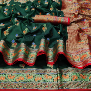 Bottle Green Festive Wear Floral Woven Soft Silk Saree With Jacquard Border