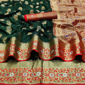 Bottle Green Festive Wear Floral Woven Soft Silk Saree With Jacquard Border