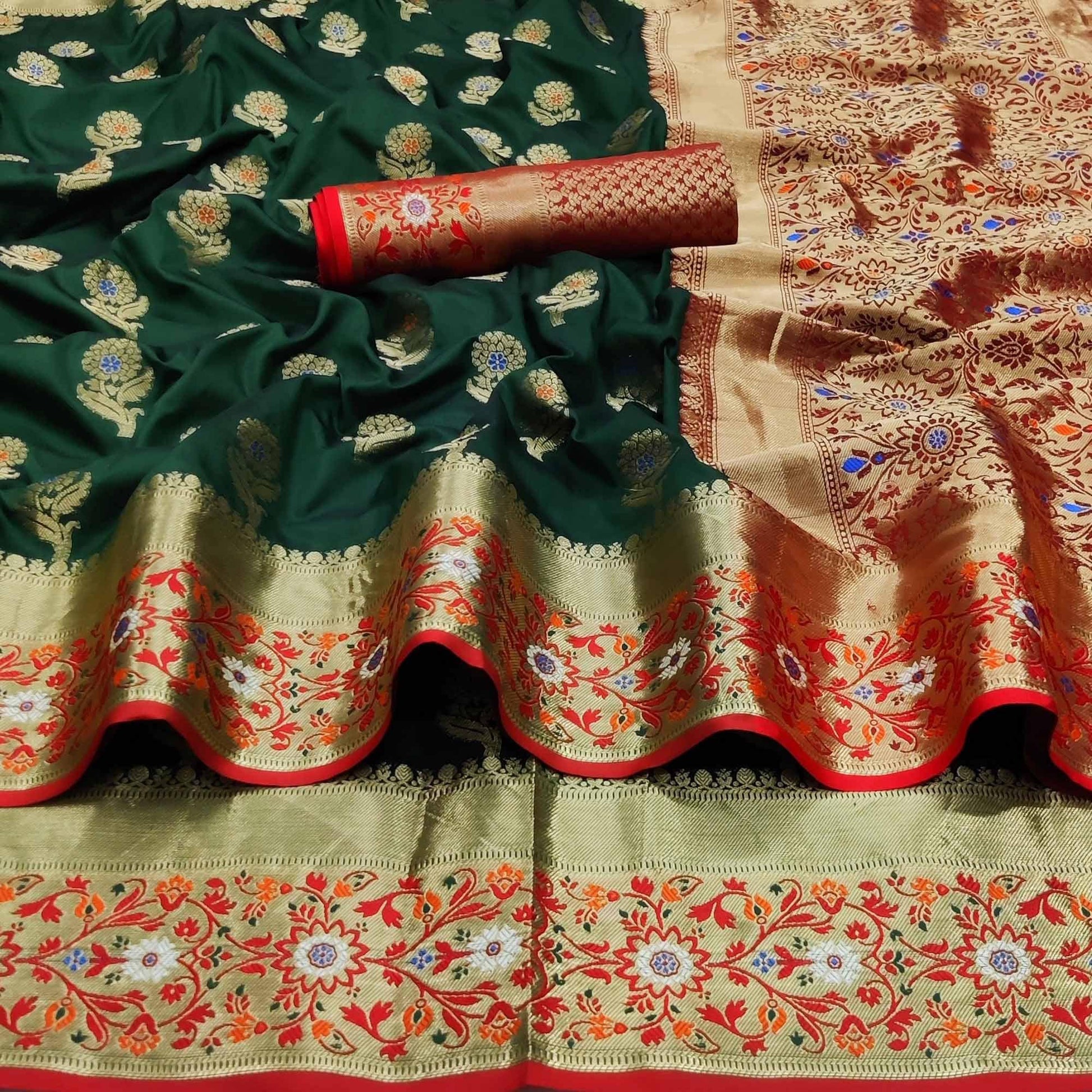 Bottle Green Festive Wear Floral Woven Soft Silk Saree With Jacquard Border