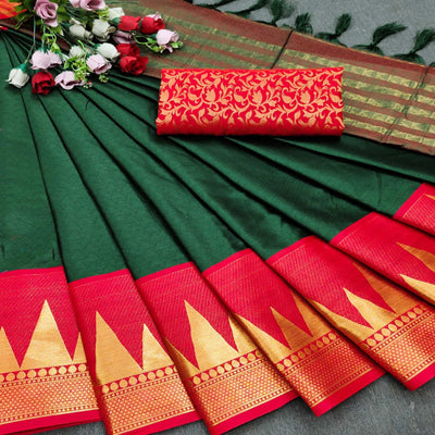 Bottle Green Festive Wear Jacquard Woven Border Heavy Cotton Silk Saree