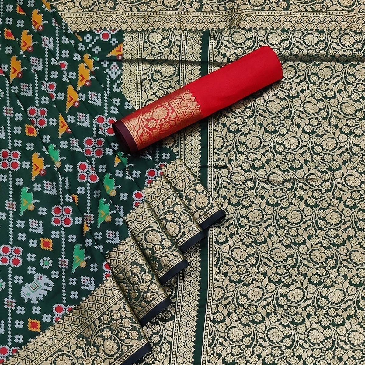 Bottle Green Festive Wear Patola Printed Art Silk Saree