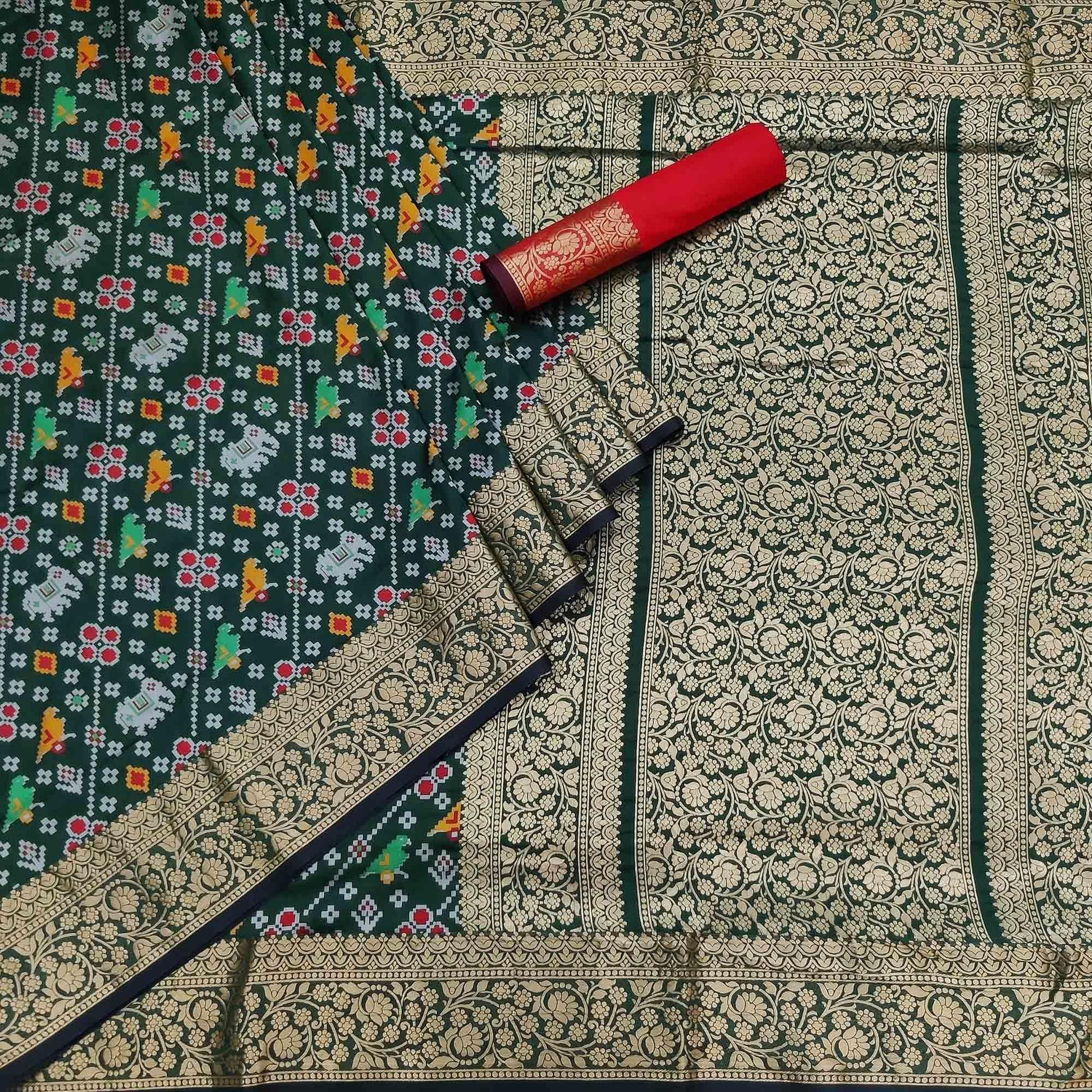Bottle Green Festive Wear Patola Printed Art Silk Saree
