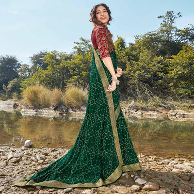 Bottle Green Festive Wear Printed Silk Saree