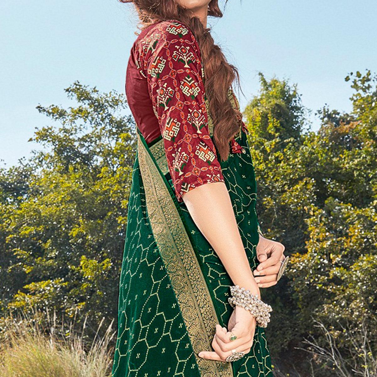 Bottle Green Festive Wear Printed Silk Saree