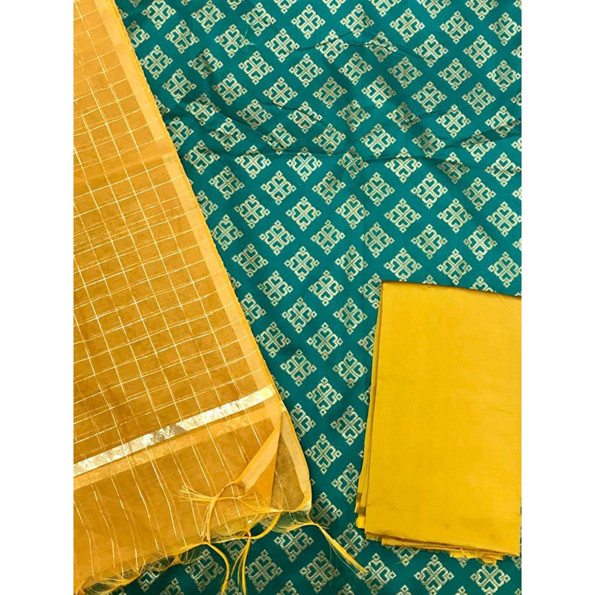 Bottle Green Festive Wear Woven Banarasi Silk Dress Material
