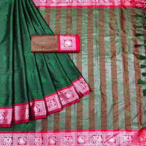 Bottle Green Festive Wear Woven Cotton Silk Saree