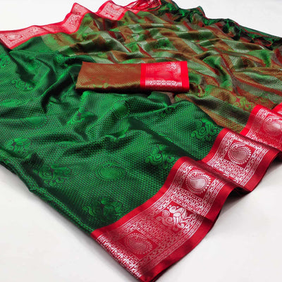 Bottle Green Festive Wear Woven Cotton Silk Saree