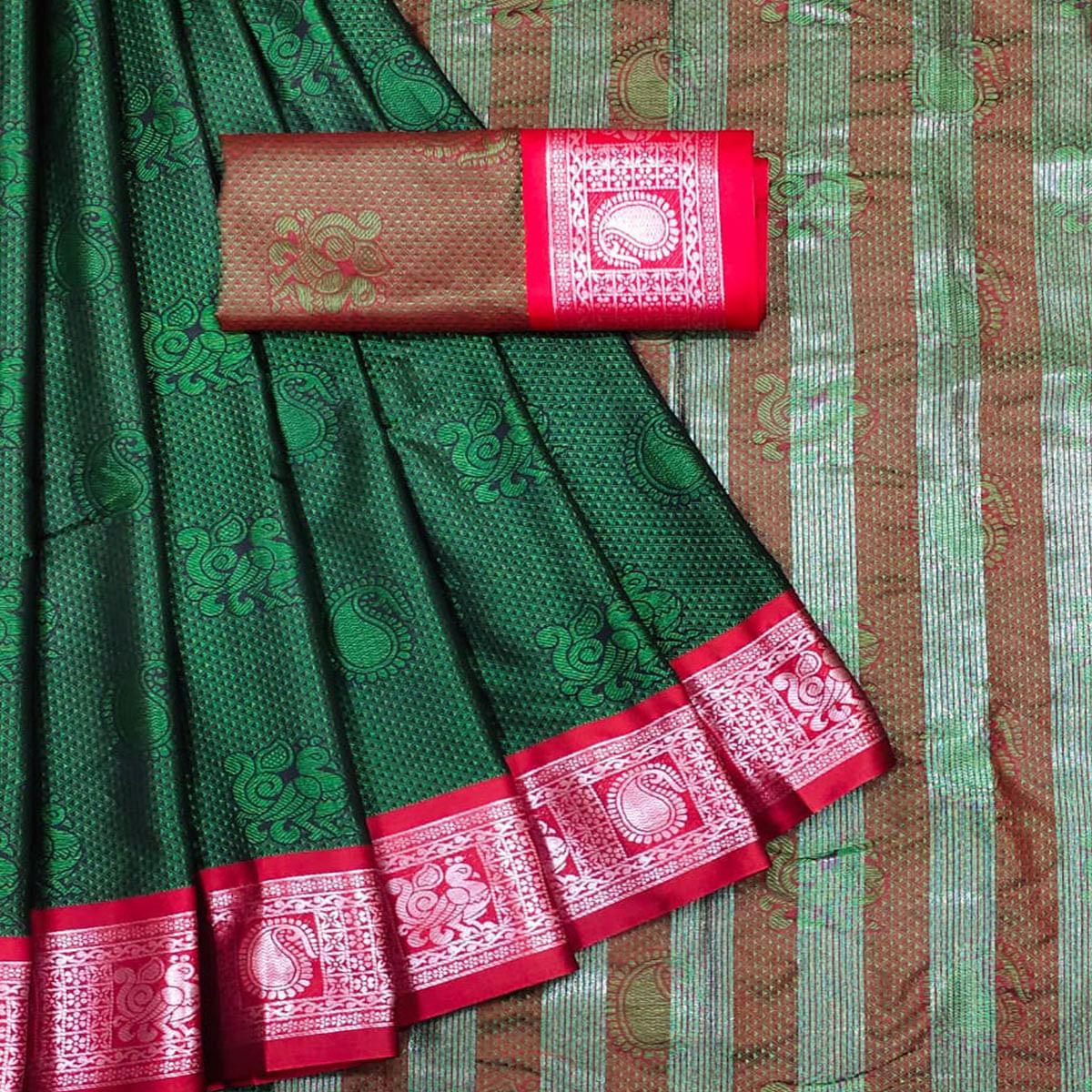 Bottle Green Festive Wear Woven Cotton Silk Saree