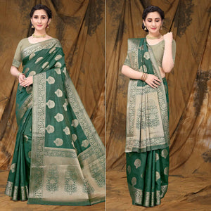 Bottle Green Festive Wear Woven Raw Silk Saree