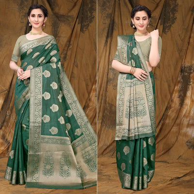 Bottle Green Festive Wear Woven Raw Silk Saree