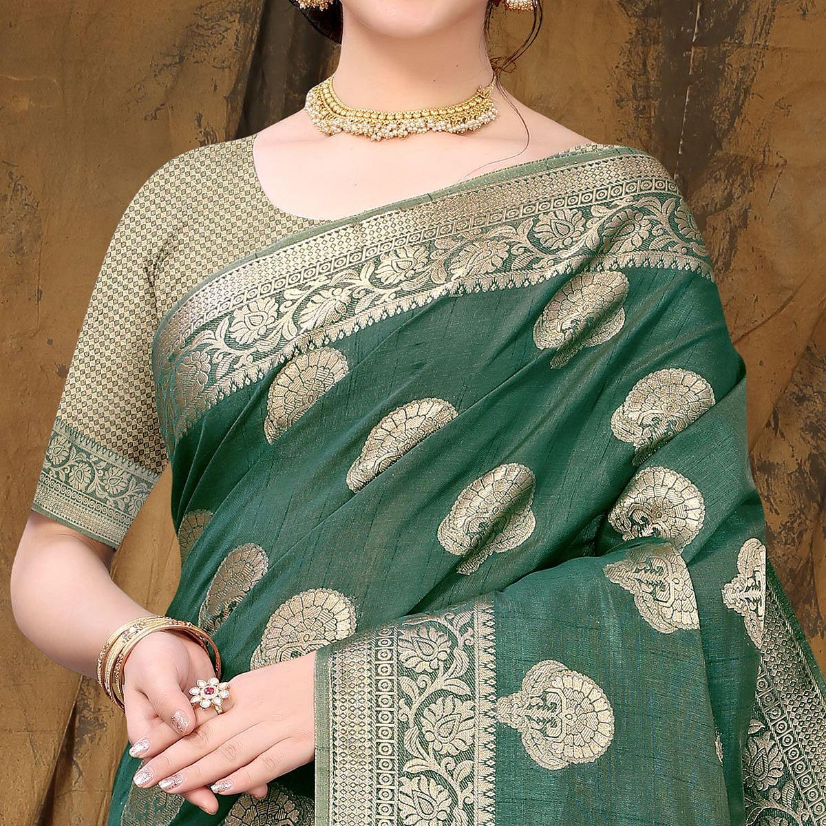 Bottle Green Festive Wear Woven Raw Silk Saree