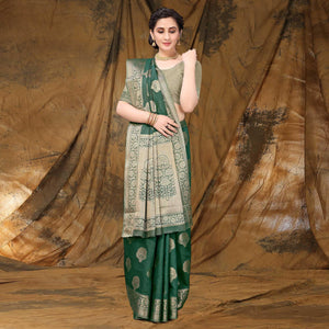 Bottle Green Festive Wear Woven Raw Silk Saree