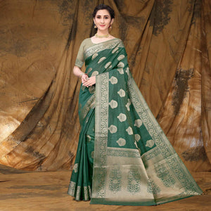 Bottle Green Festive Wear Woven Raw Silk Saree
