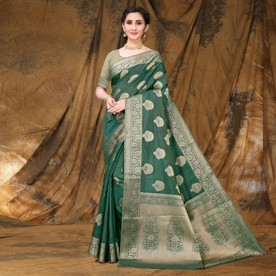 Bottle Green Festive Wear Woven Raw Silk Saree