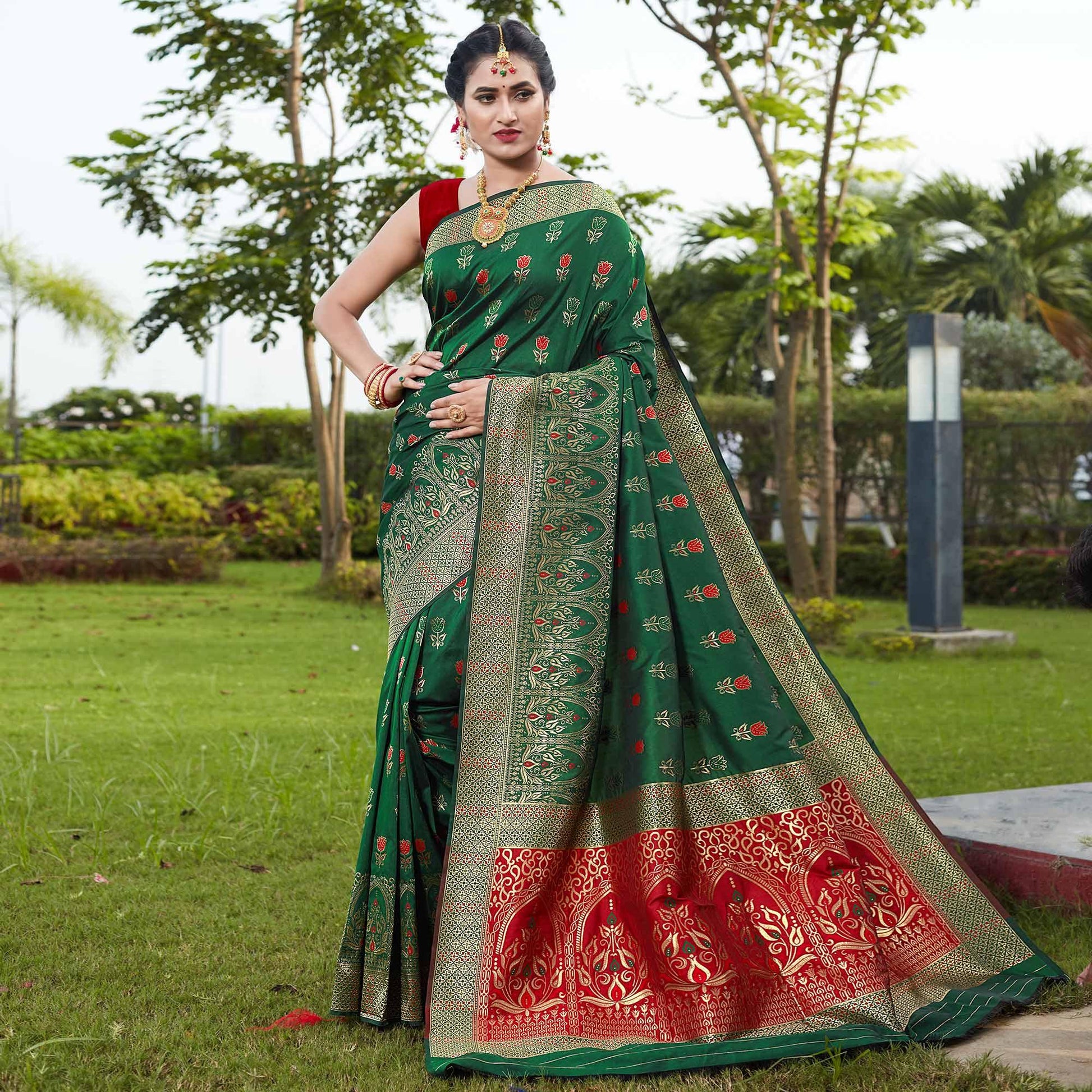 Bottle Green Festive Wear Woven With Meena Rappier Lichi Silk Saree