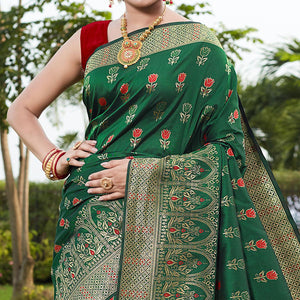 Bottle Green Festive Wear Woven With Meena Rappier Lichi Silk Saree