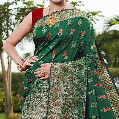 Bottle Green Festive Wear Woven With Meena Rappier Lichi Silk Saree