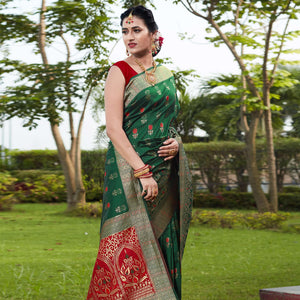 Bottle Green Festive Wear Woven With Meena Rappier Lichi Silk Saree