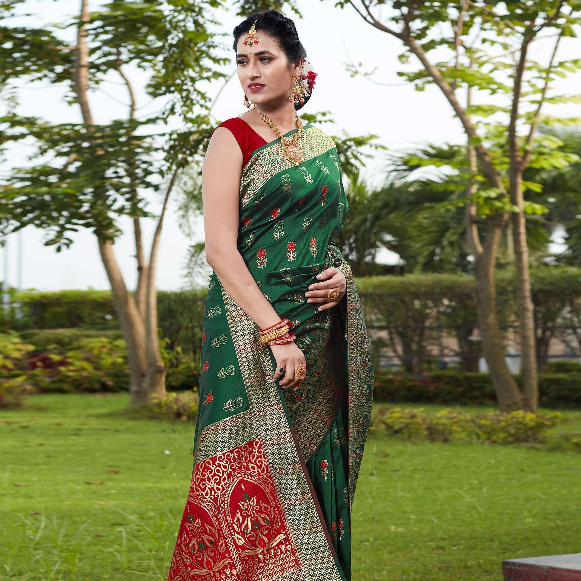 Bottle Green Festive Wear Woven With Meena Rappier Lichi Silk Saree