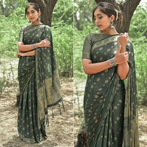 Bottle Green Festive Wear Woven With Swarovski Art Silk Saree