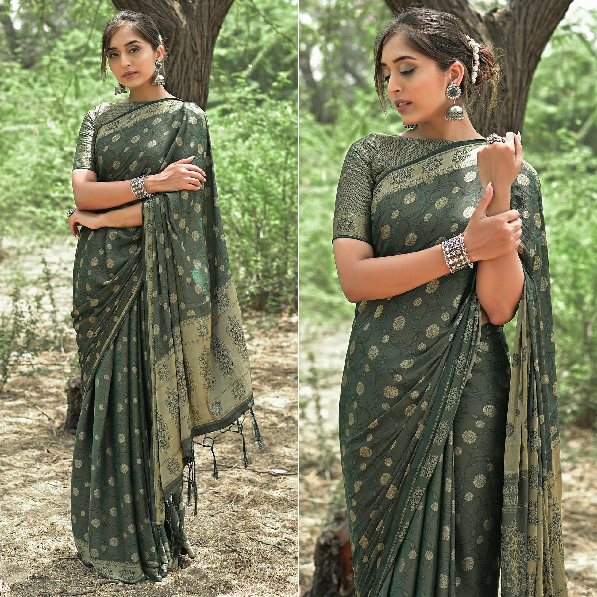 Bottle Green Festive Wear Woven With Swarovski Art Silk Saree
