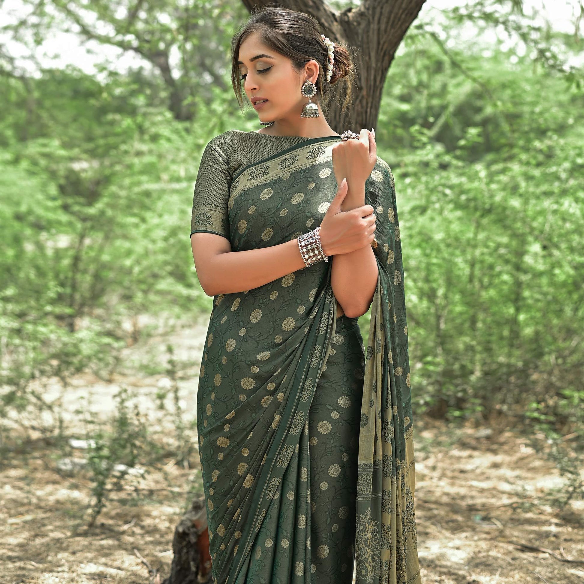 Bottle Green Festive Wear Woven With Swarovski Art Silk Saree