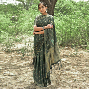 Bottle Green Festive Wear Woven With Swarovski Art Silk Saree