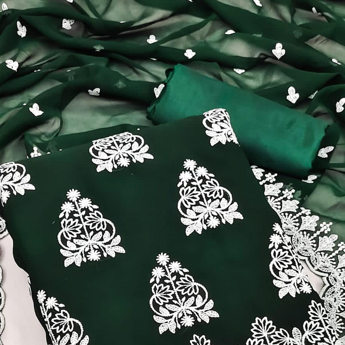 Bottle Green Floral Embroidered Georgette Dress Material
