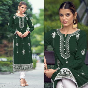 Bottle Green Floral Embroidered Rayon Kurti