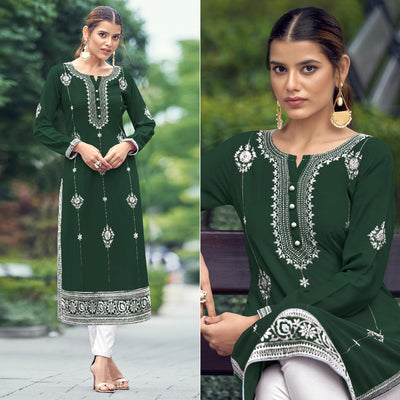 Bottle Green Floral Embroidered Rayon Kurti