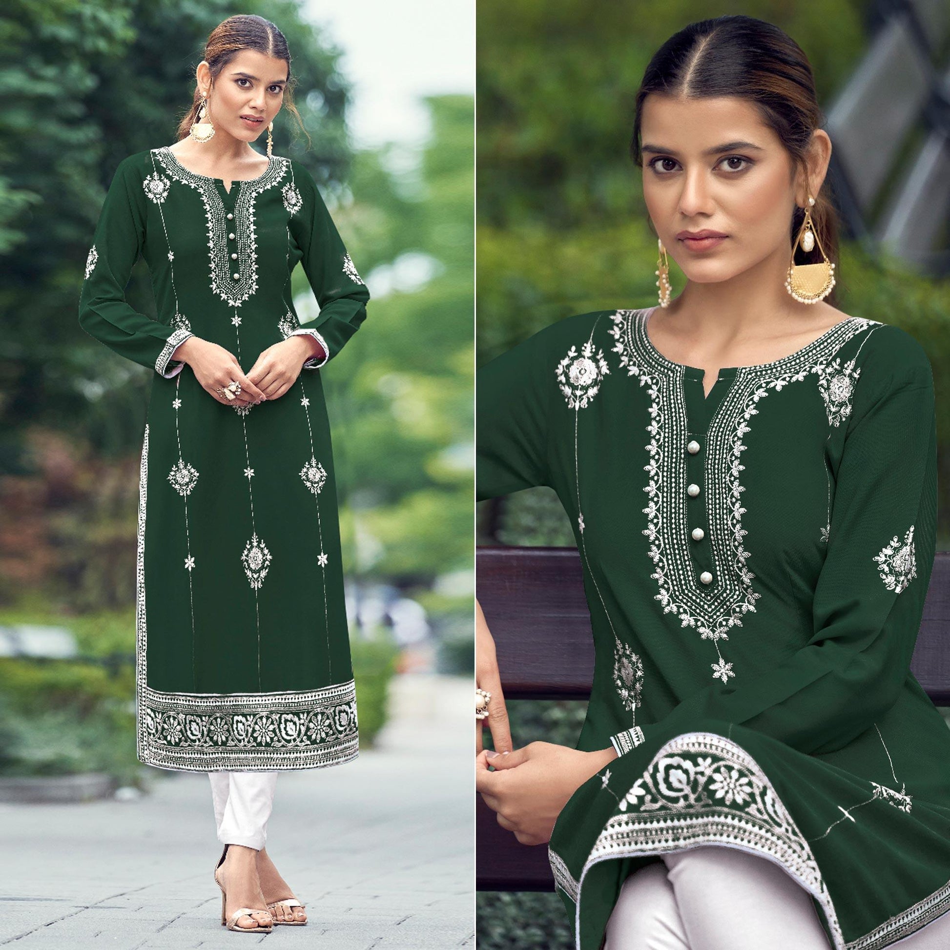 Bottle Green Floral Embroidered Rayon Kurti