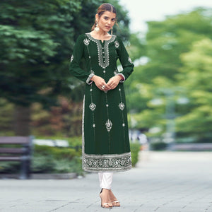 Bottle Green Floral Embroidered Rayon Kurti