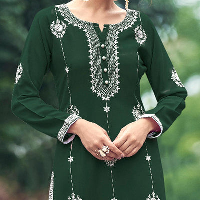 Bottle Green Floral Embroidered Rayon Kurti