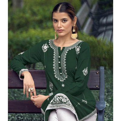 Bottle Green Floral Embroidered Rayon Kurti