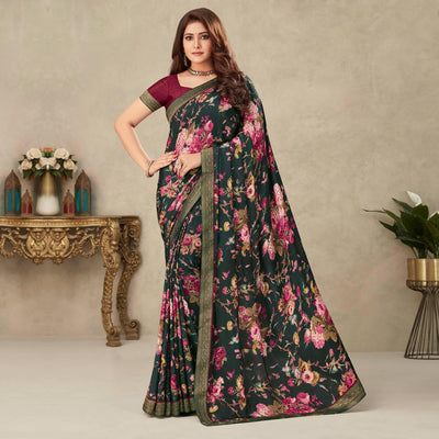 Bottle Green Floral Printed Crepe Saree
