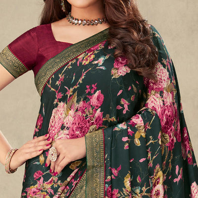 Bottle Green Floral Printed Crepe Saree