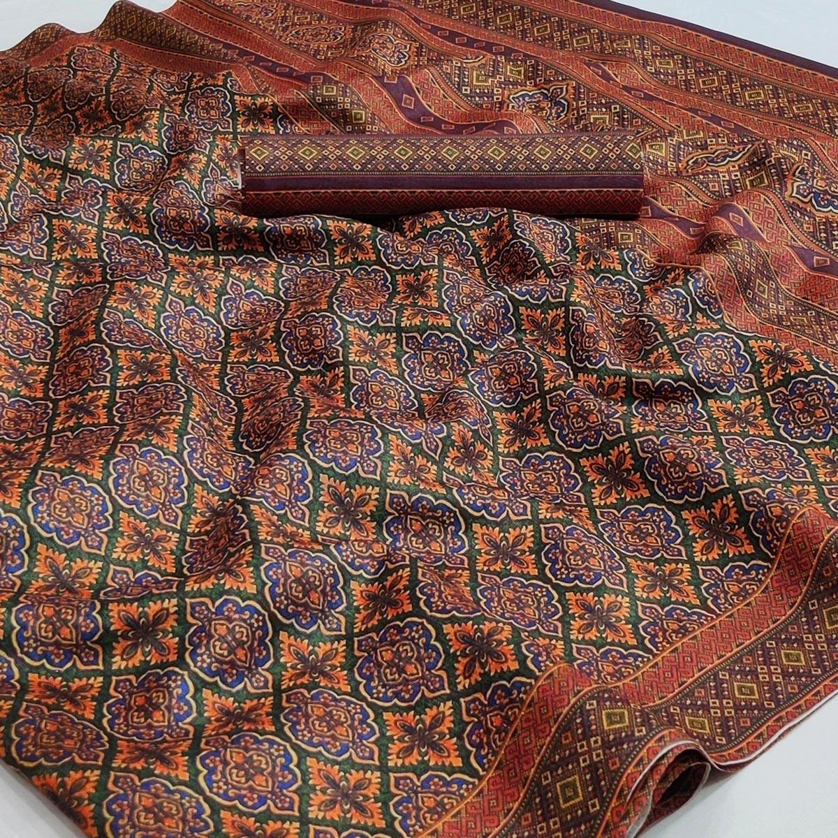 Bottle Green Floral Printed Pure Cotton Saree