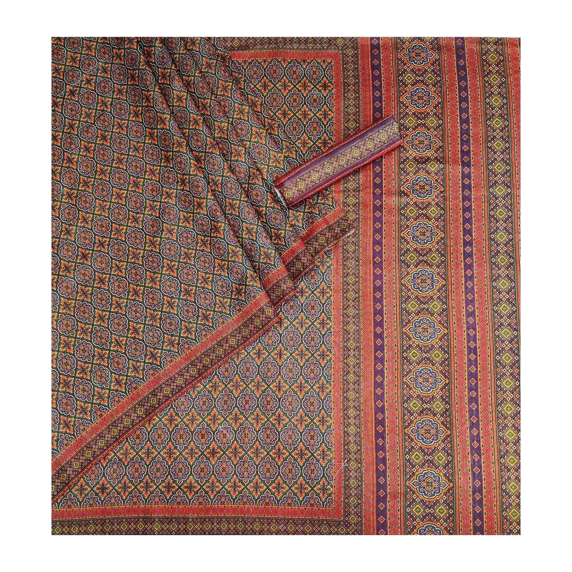 Bottle Green Floral Printed Pure Cotton Saree