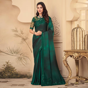 Bottle green Floral Sequins Embroidered Art Silk Saree